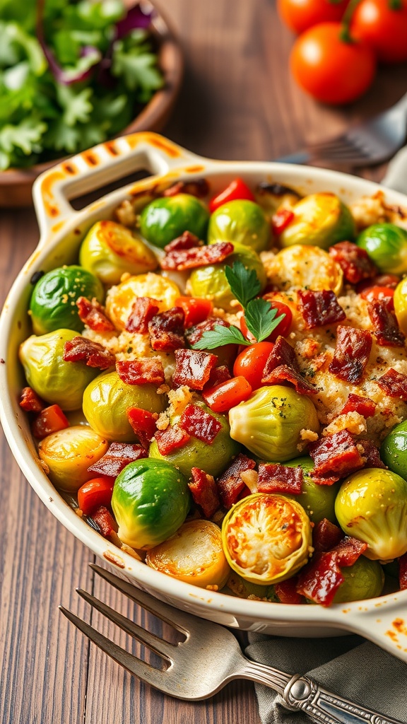 Cheesy bacon Brussels sprouts gratin with tomatoes served in a rustic baking dish, garnished with parsley.